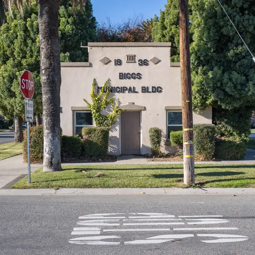 The 1936 Biggs Municipal Building on a quiet street corner